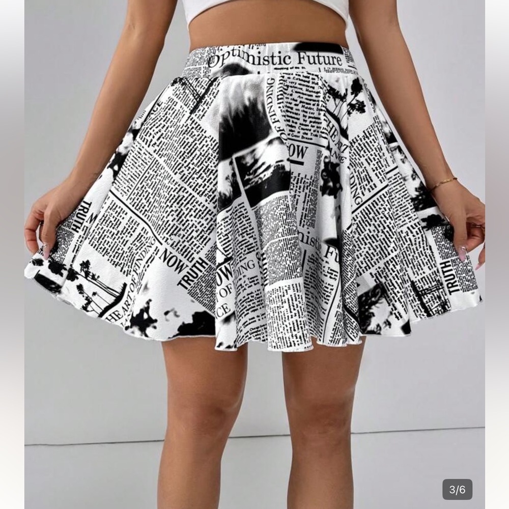 XL SHEIN Newspaper Print Black & White Skater Skirt built in shorts